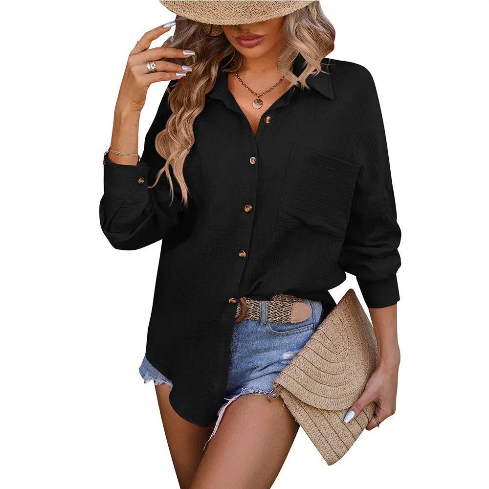 Spring Summer Casual Long Sleeve Shirt with Double Layer Design  S Black 