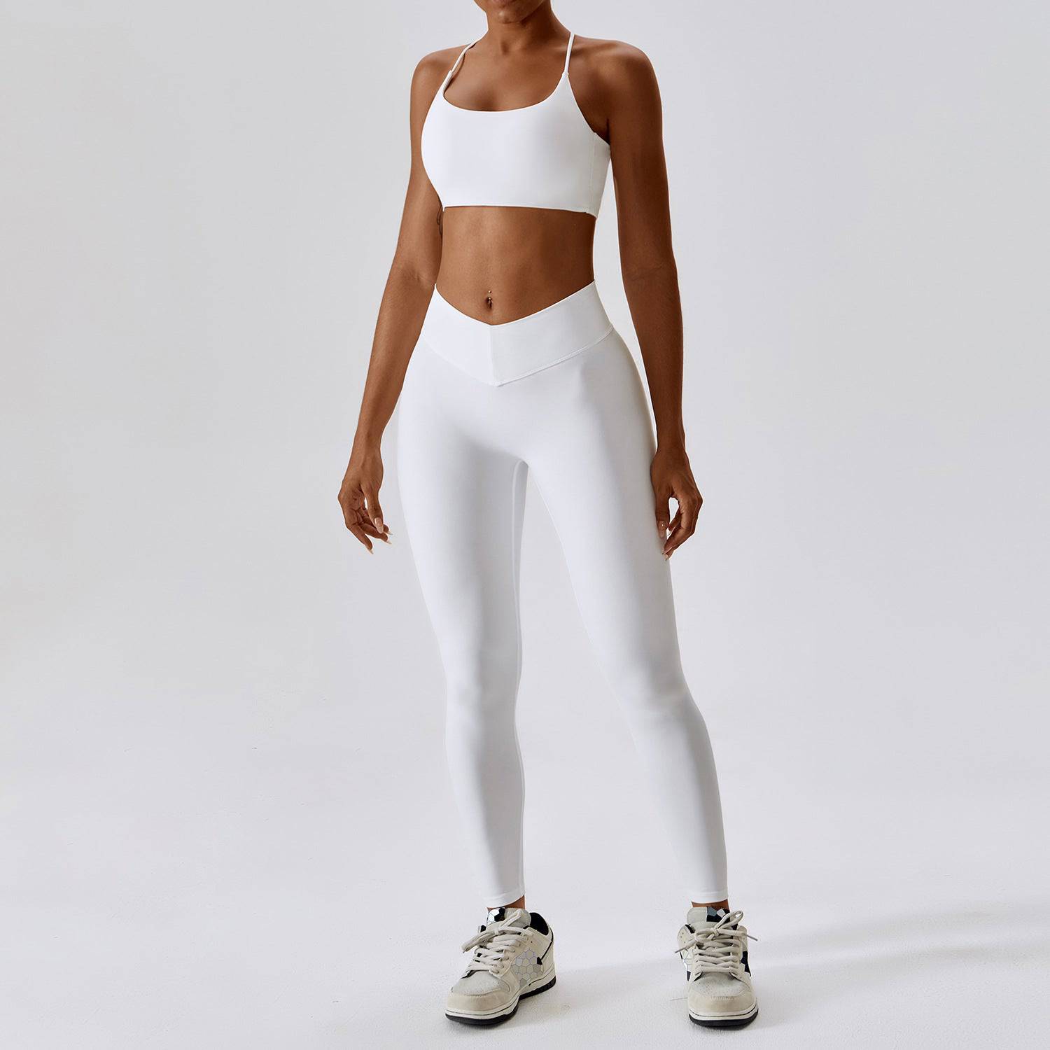 Stylish and Comfortable Yoga Clothes with Sexy Back Design for Women  8/S Spaghetti Strap Bra Pants Swan White 