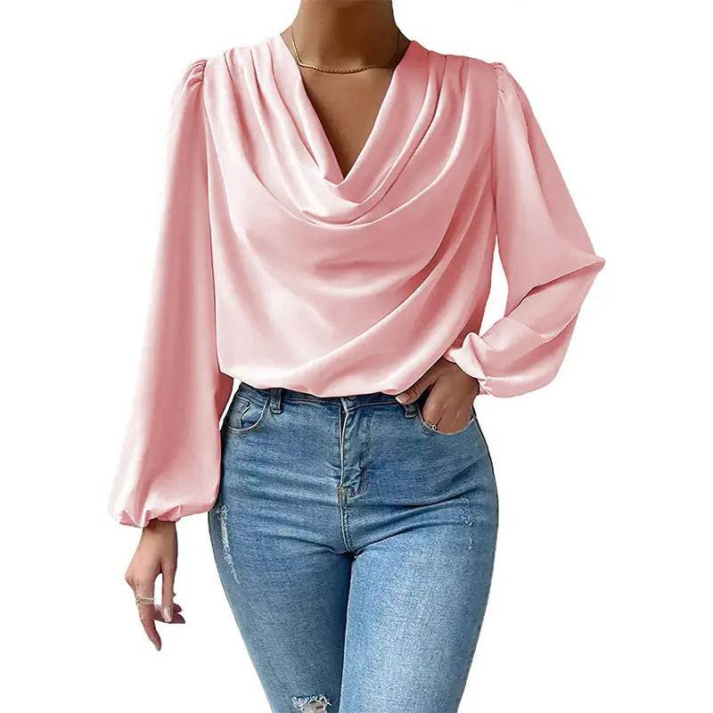 Long Sleeved Shirt Loose Draped V neck Top T shirt Women Clothing  S Pink 