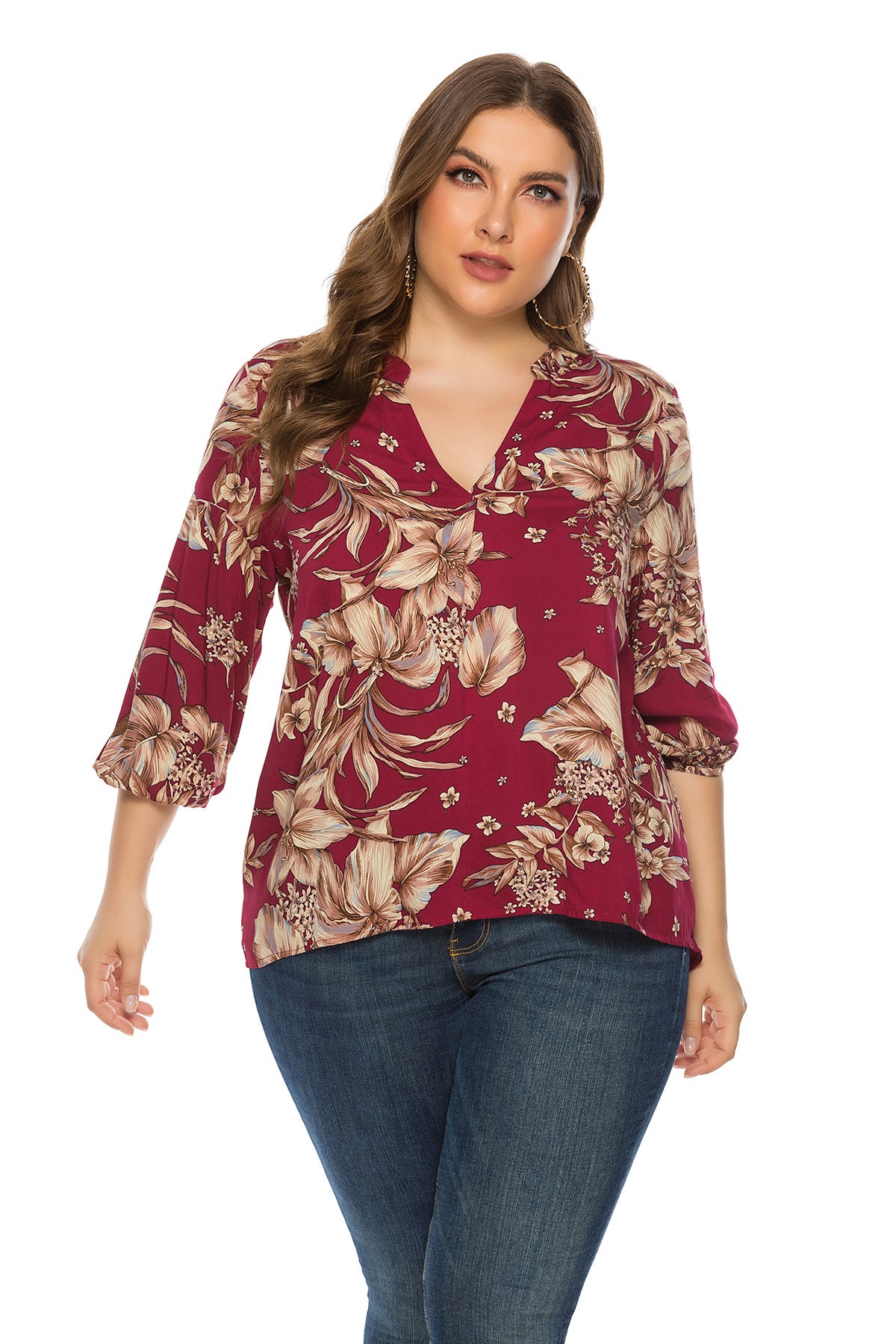 Plus Size Women Clothing Spring Autumn Long Sleeve V neck Printed Rayon Top - Wild Amber Fashion