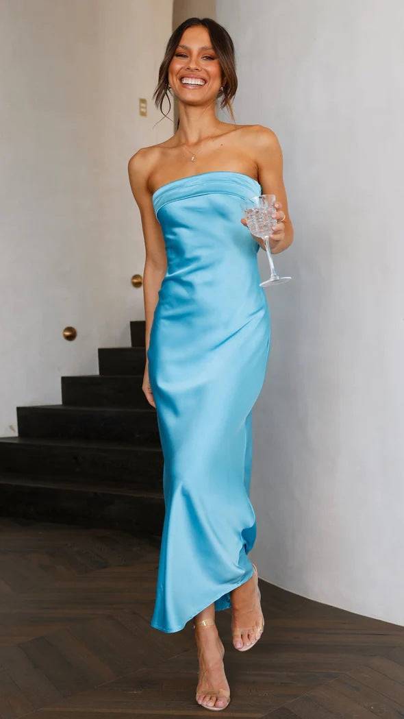 Satin Strapless Maxi Dress with Backless Detail  S skyblue 