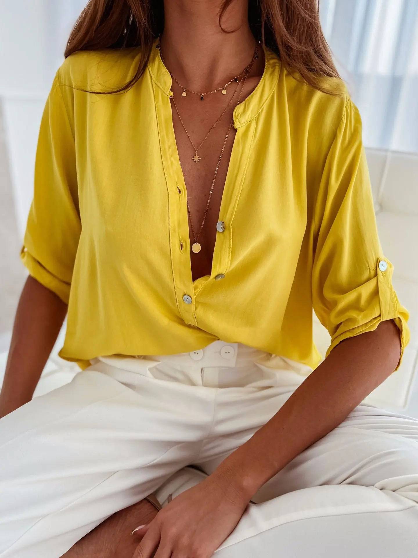 Versatile Cotton Stand Collar Shirt for Modern Women  S Yellow 