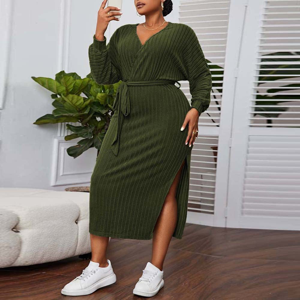 Plus Size Women Clothes V neck Lantern Sleeve Dress Autumn Winter Elegant A line Midi Dress - Wild Amber Fashion