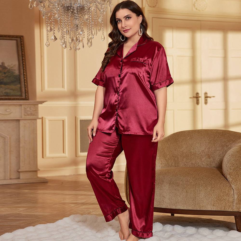 Plus Size Ice Silk Nightdress Spring Summer Simple Homewear Sexy Silk Cardigan Nightgown Women Pajamas Suit - Wild Amber Fashion