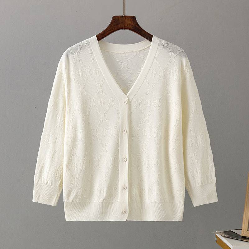 Sun-Proof Knitted Cardigan with Three Quarter Sleeves for Women  One Size Apricot 