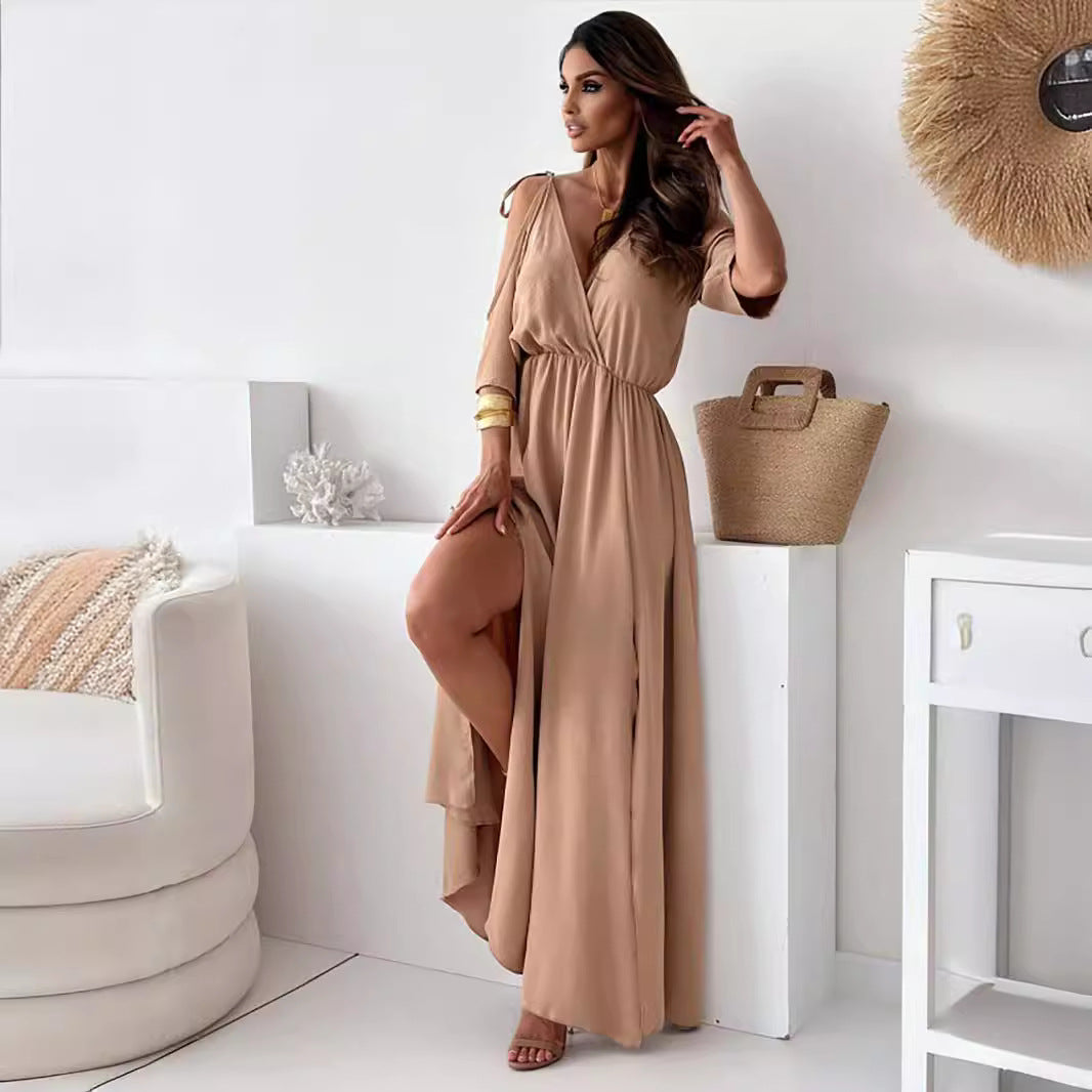 Women Clothing Solid Color Sexy Sling Half Sleeve Mid Length Dress - Wild Amber Fashion