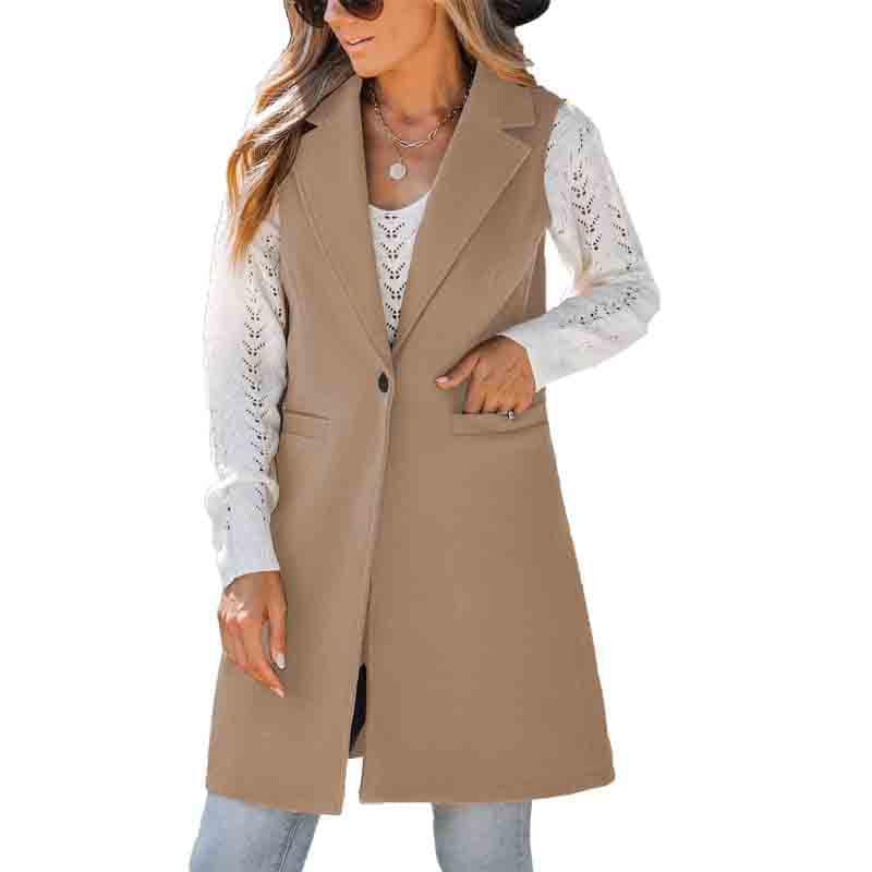 Sleeveless Long Woolen Coat for Women  S Khaki 