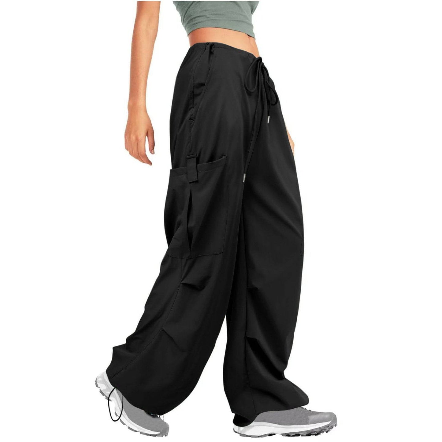 Solid Color Drawstring Women's Casual Sports Overalls  S Black 