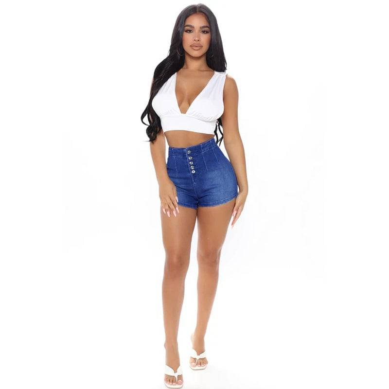 High Waist Women's Denim Shorts for Spring and Summer  S Blue 