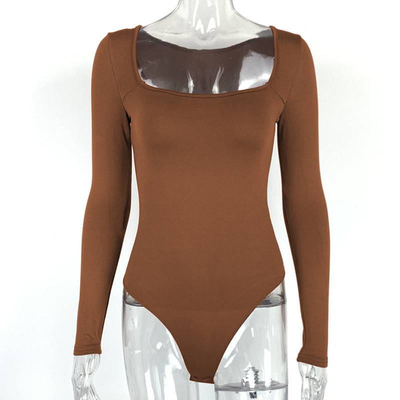 Trendy Square Neck Bodysuit with Long Sleeve for Autumn Women's Wear  S Brown 