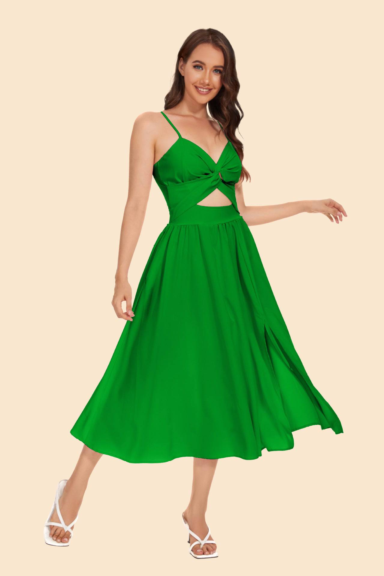 Summer Sweet Macaron Color Sling Waist Maxi Dress  S Green 