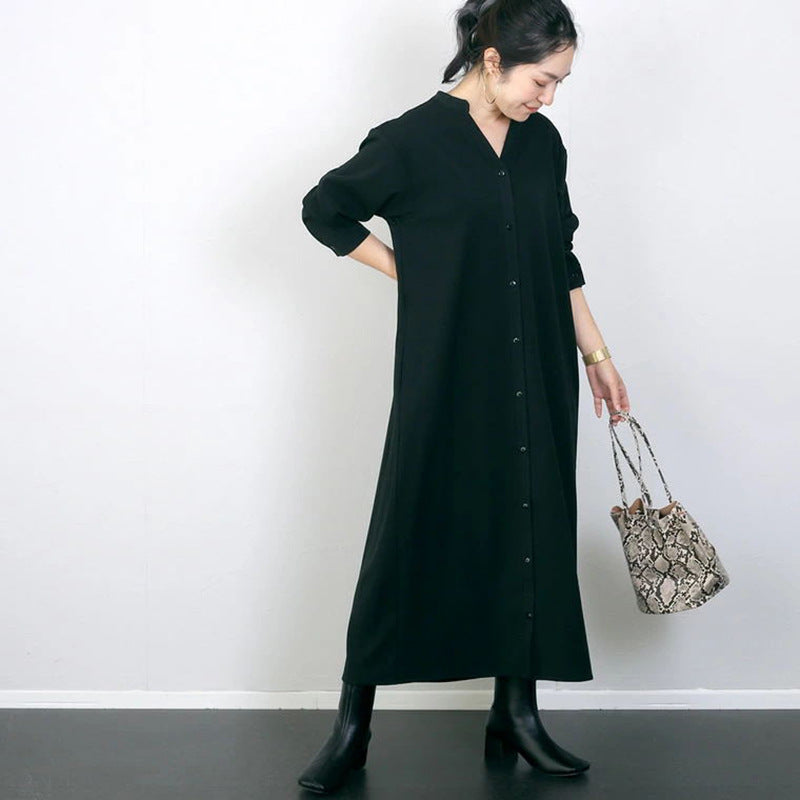 Autumn Winter Shirt Base Dress Women Solid Color Loose Casual V neck Maxi Dress - Wild Amber Fashion