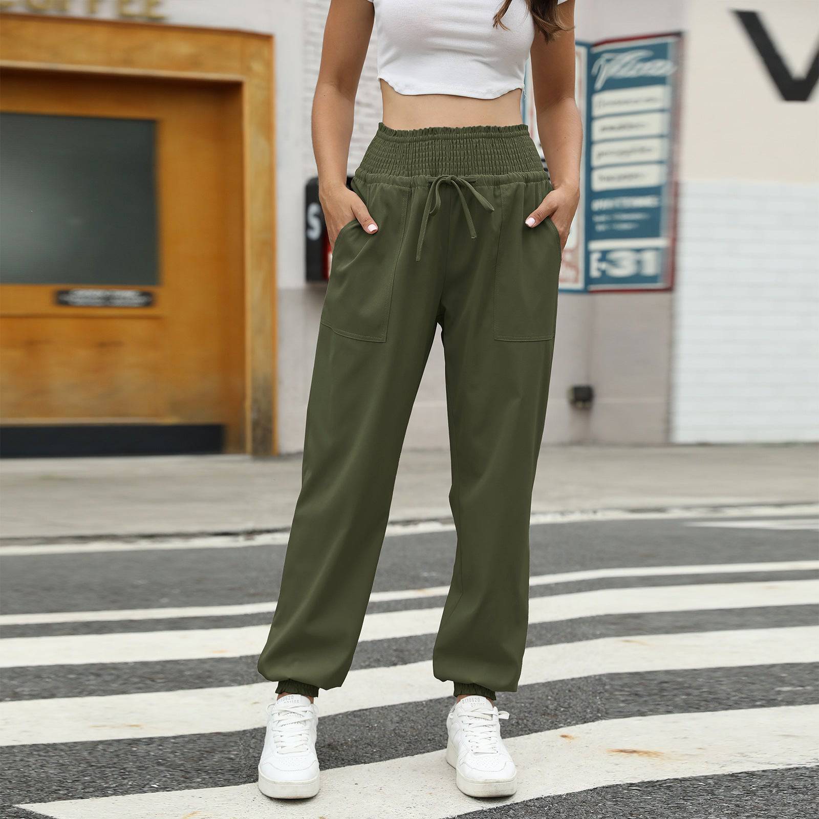 Trendy High Waist Lace-Up Casual Pants with Elastic Ankle Bands  S Army Green 