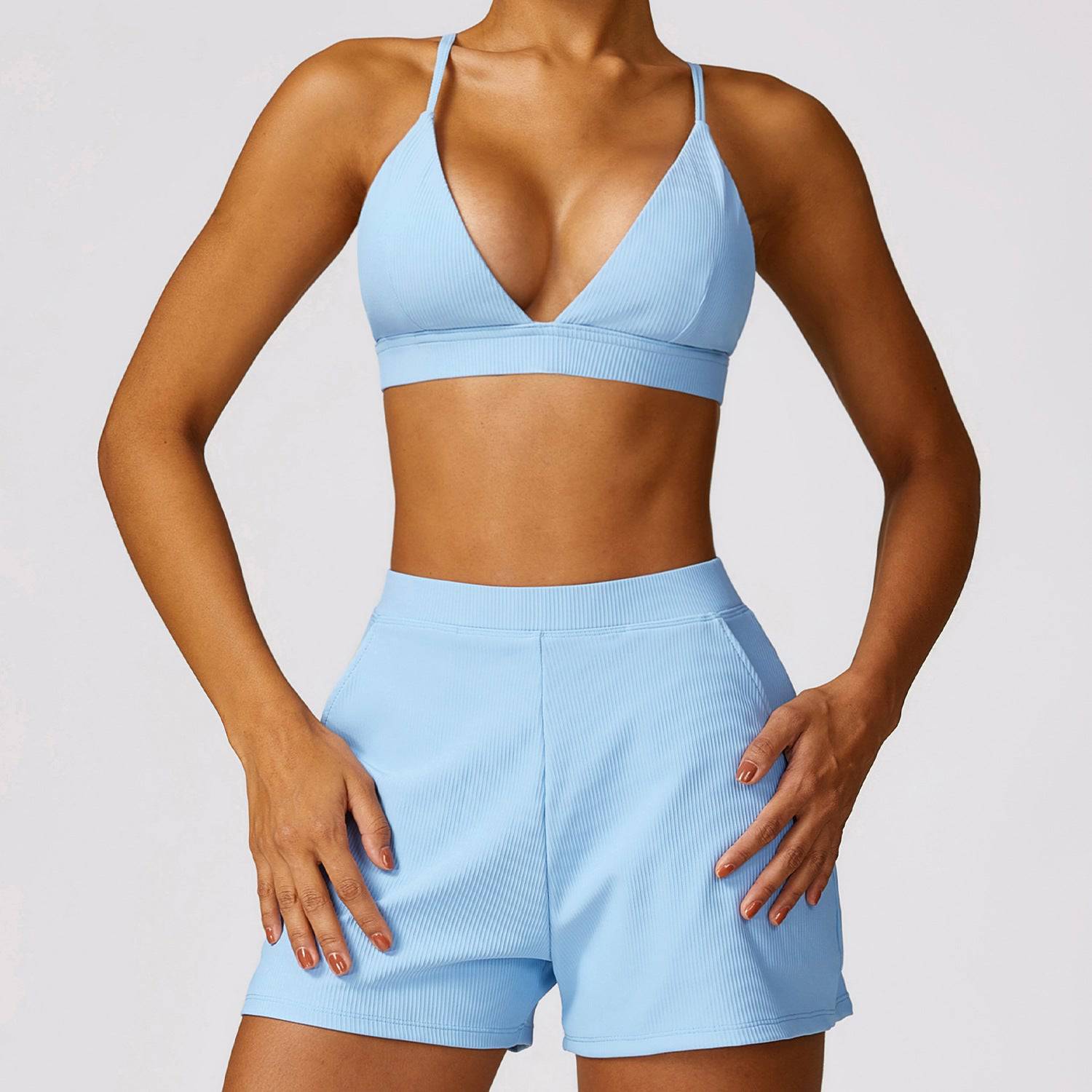 Spring Breathable Backless Yoga Fitness Vest Set for Women  S Bra Shorts Milk Blue 