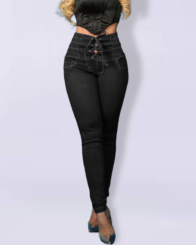 Lace-Up High Rise Slim Fit Denim Skinny Jeans for Women  S Black 