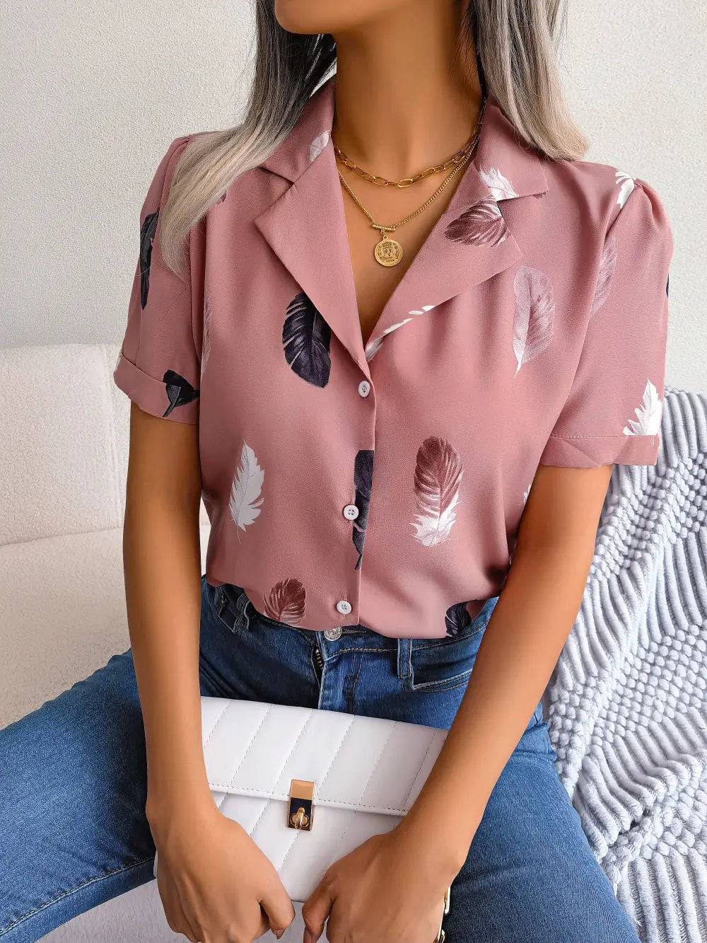 Feather Print Collared Women's Shirt with Short Sleeves  S Pink 