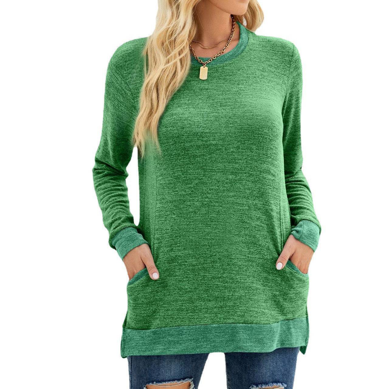 Multicolor Long Sleeve Pullover Top with Pocket  S Green 