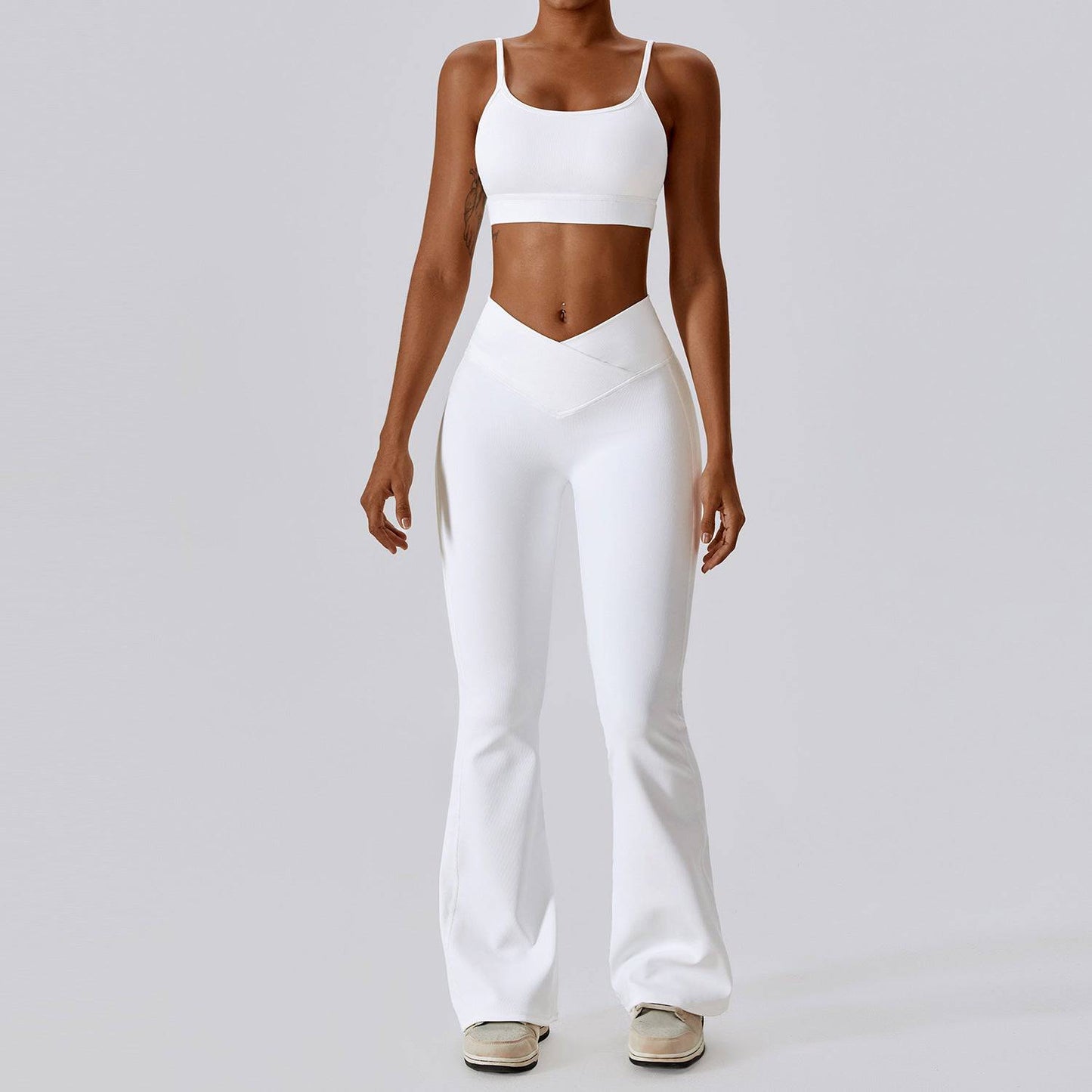 High-Rise Slim Fit Quick Drying Yoga Suit with Lace-Up Detail and Cutout Design  S -1 Bra Bell-Bottom Pants Swan White 