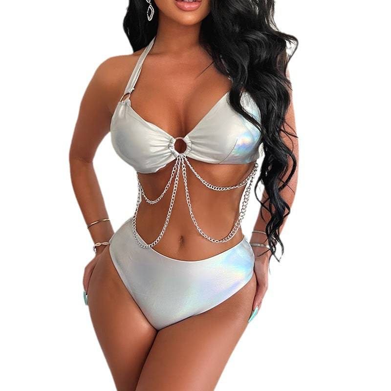 Shimmering Silver Halter Neck Backless Bikini with Metal Chain Detail  S Silver 