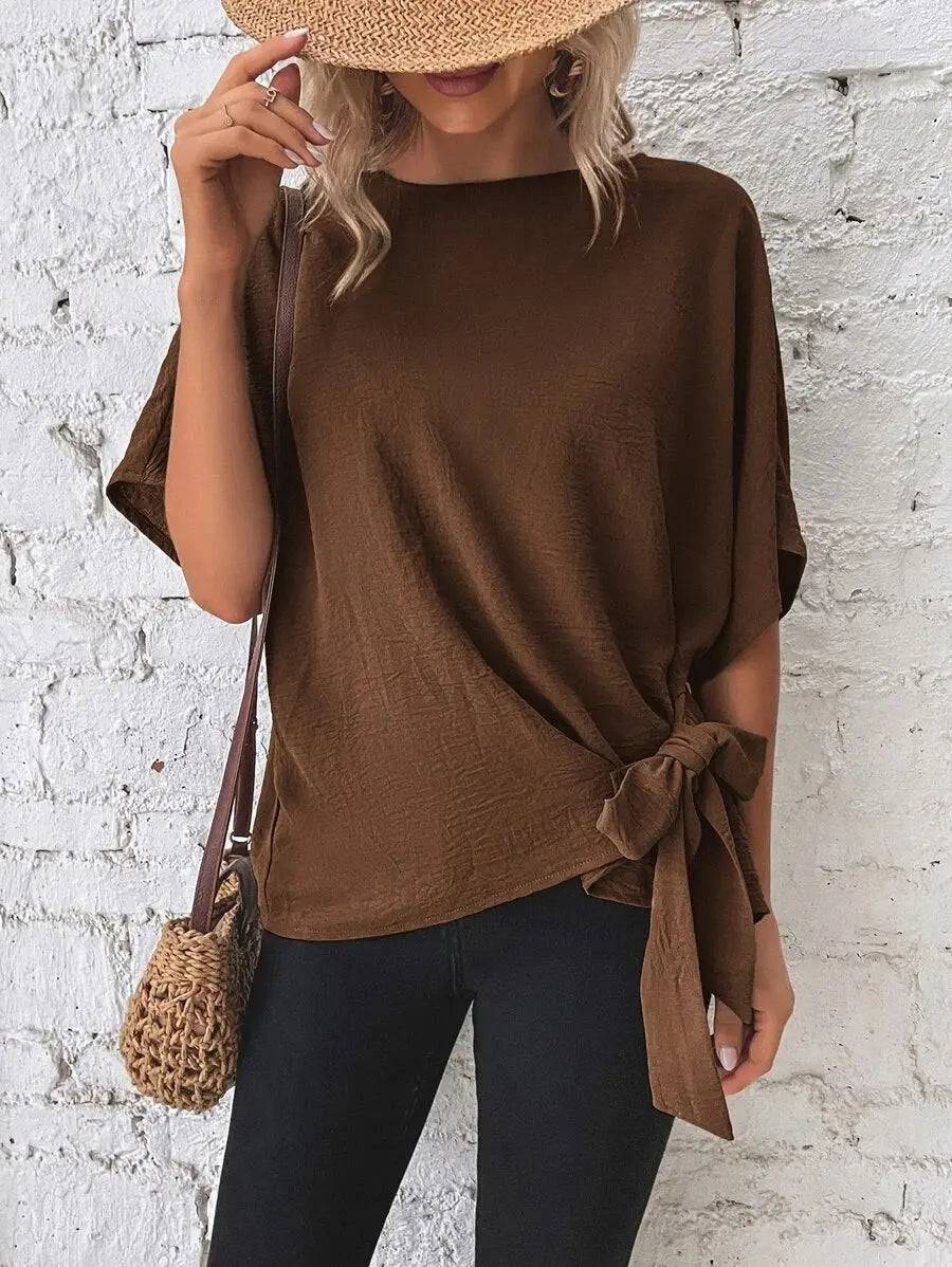 Summer Loose-Fit Batwing Sleeve Knotted T Top for Women  S Coffee 