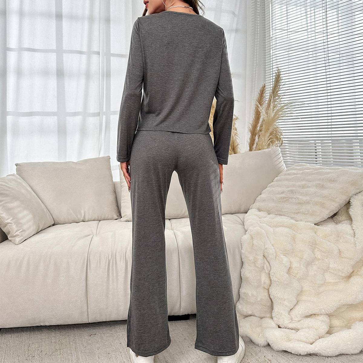 Women Pajamas Autumn Winter Cardigan Long Sleeved Shirt Split Trousers Home Wear Can Be Worn outside - Wild Amber Fashion