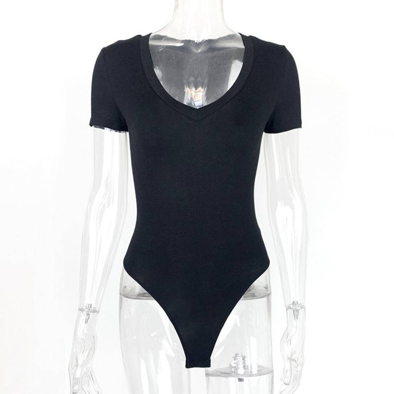 Short Sleeve V-Neck Cotton Summer Bodysuit for Women  S Black 