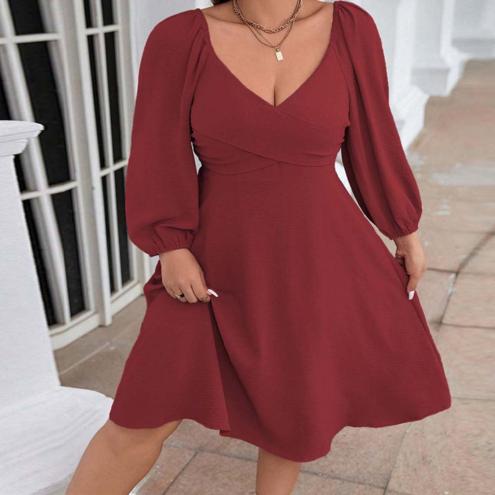 Plus Size Women Elegant Red Dress Autumn Winter V Neck Long Sleeve Mid Length Dress - Wild Amber Fashion