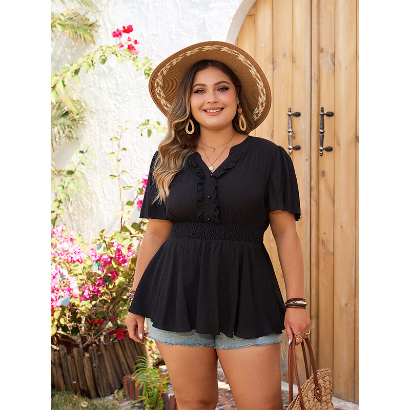 Plus Size Waist Solid Color Shirt Slimming Long Black Shirt Top for Women - Wild Amber Fashion