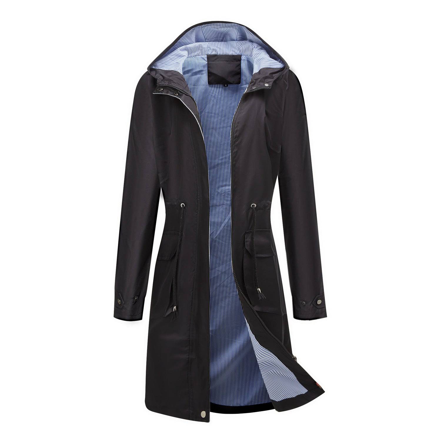 Women's Hooded Waterproof Trench Coat with Striped Lining  S Black 