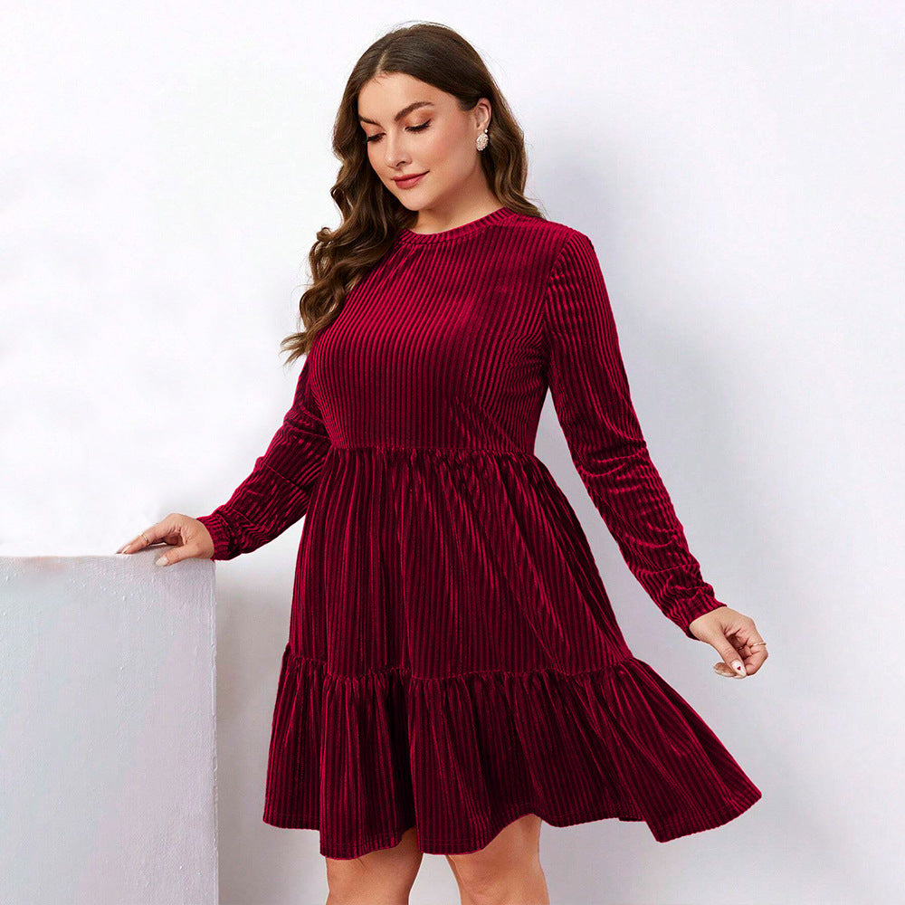 Plus Size Women Clothing Elegant Wine Red Dress Autumn Winter High Waist A Line Dress - Wild Amber Fashion