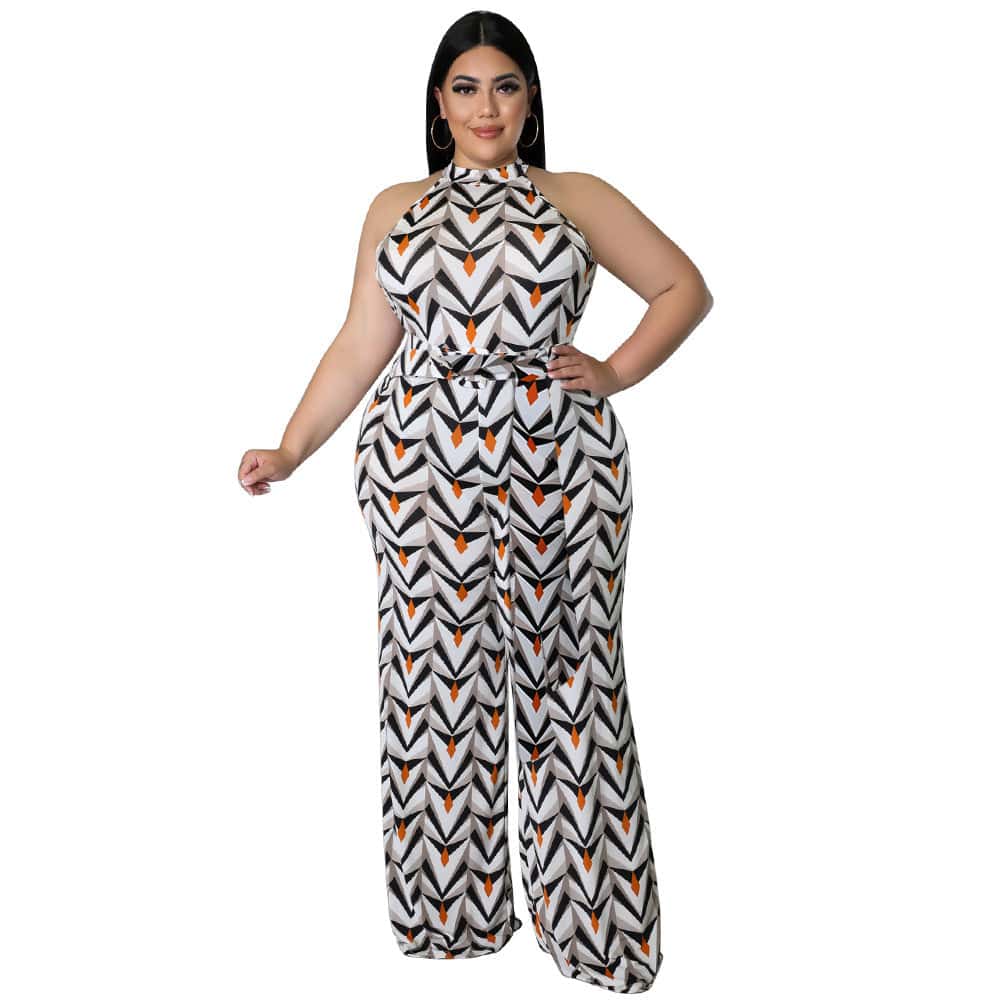 Plus Size Women Clothing Casual Halterneck Printed with Belt Jumpsuit - Wild Amber Fashion