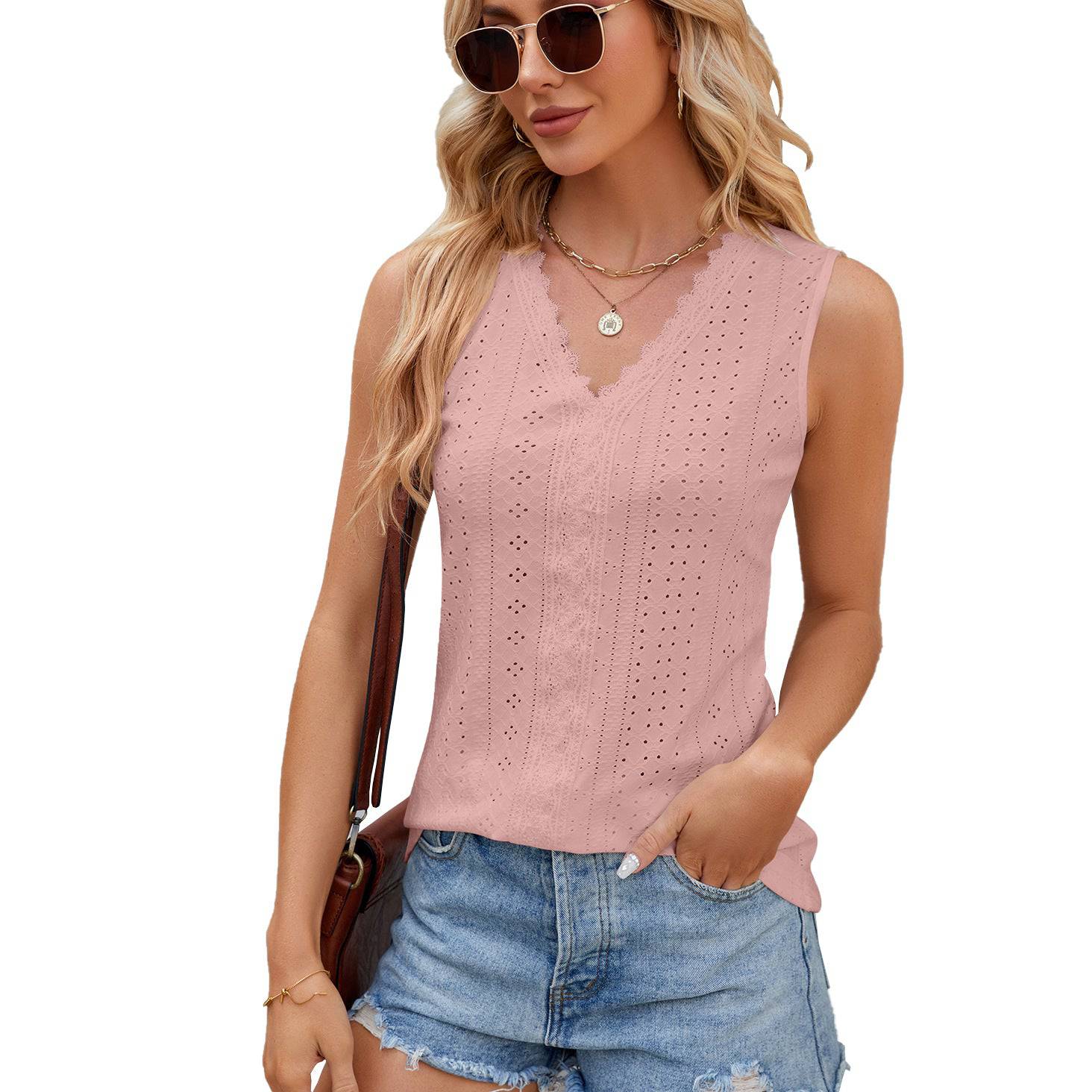 Loose-Fit Viscose Tank Top with Lace Trim and V-Neck  S skin pink 