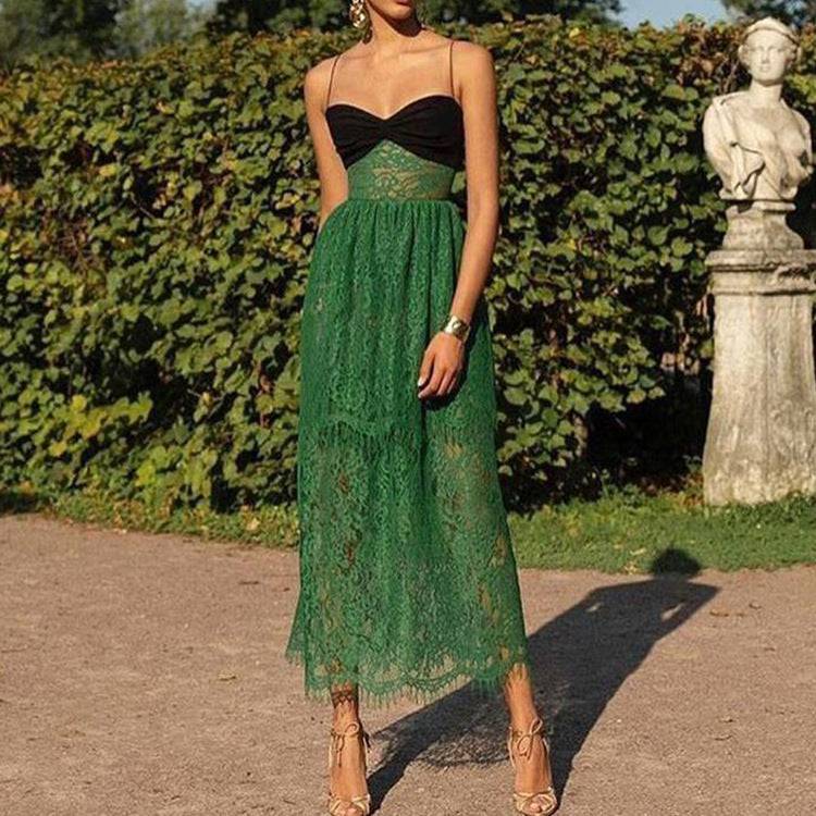 Green Lace Maxi Dress with Suspenders  S Green 