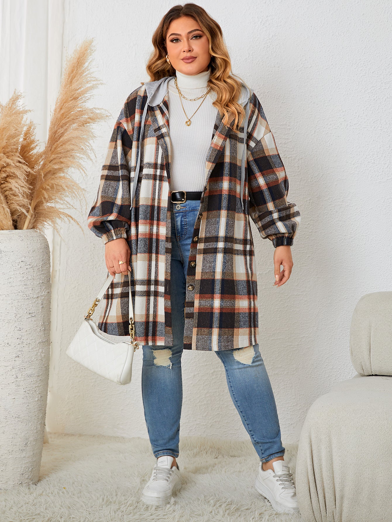 Plus Size Autumn Winter Women Girls Plaid Hooded Mid Length Coat for Women - Wild Amber Fashion