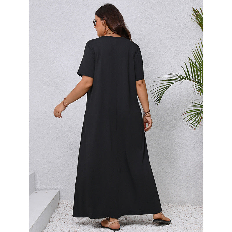 Plus Size Summer V neck Slimming Maxi Dress Elegant Black Loose Women Dress - Wild Amber Fashion