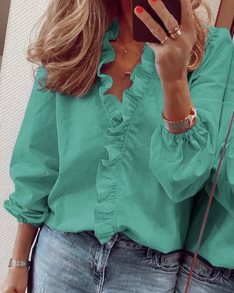 Spring Summer Elegant Long Sleeve Ruffle Blouse for Women  S Green 