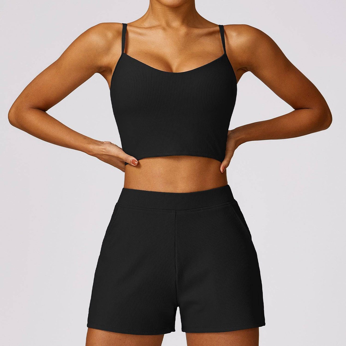 Spring Breathable Backless Yoga Fitness Vest Set for Women  S Vest Shorts Advanced Black 