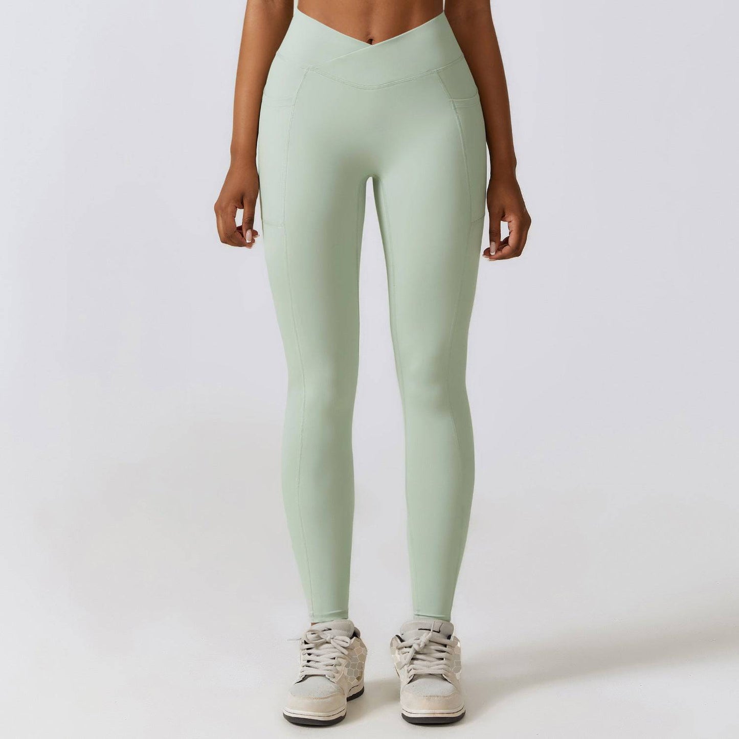 Peach High Waist Yoga Pants with Pocket for Women  S Light Grayish Green 