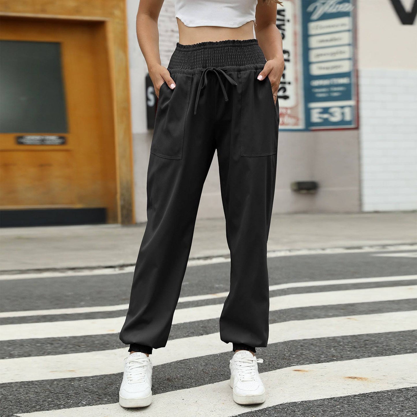 Trendy High Waist Lace-Up Casual Pants with Elastic Ankle Bands  S Black 