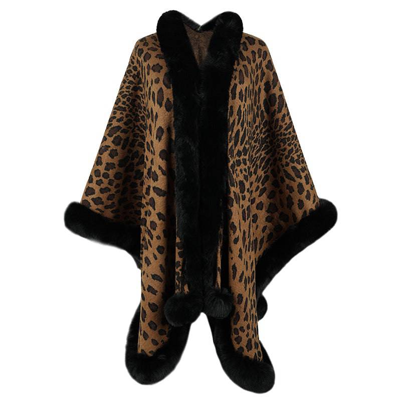 Leopard Print Fur Collar Cape Cardigan: Elegant and Luxurious Winter Sweater  One Size Yellow 