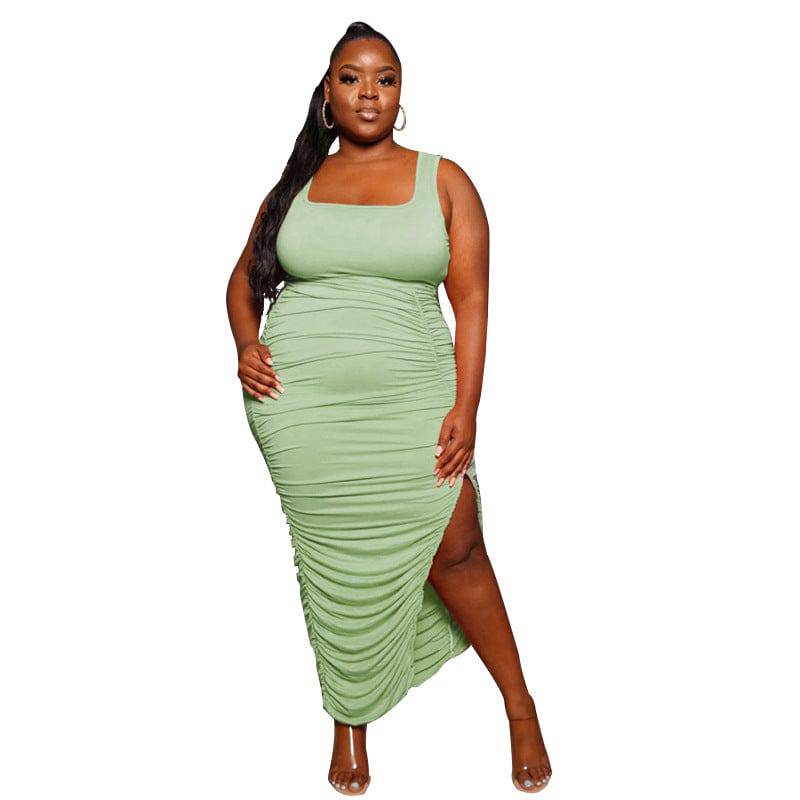 Elegant U-Neck Sleeveless Plus Size Split Dress  L Light Green 