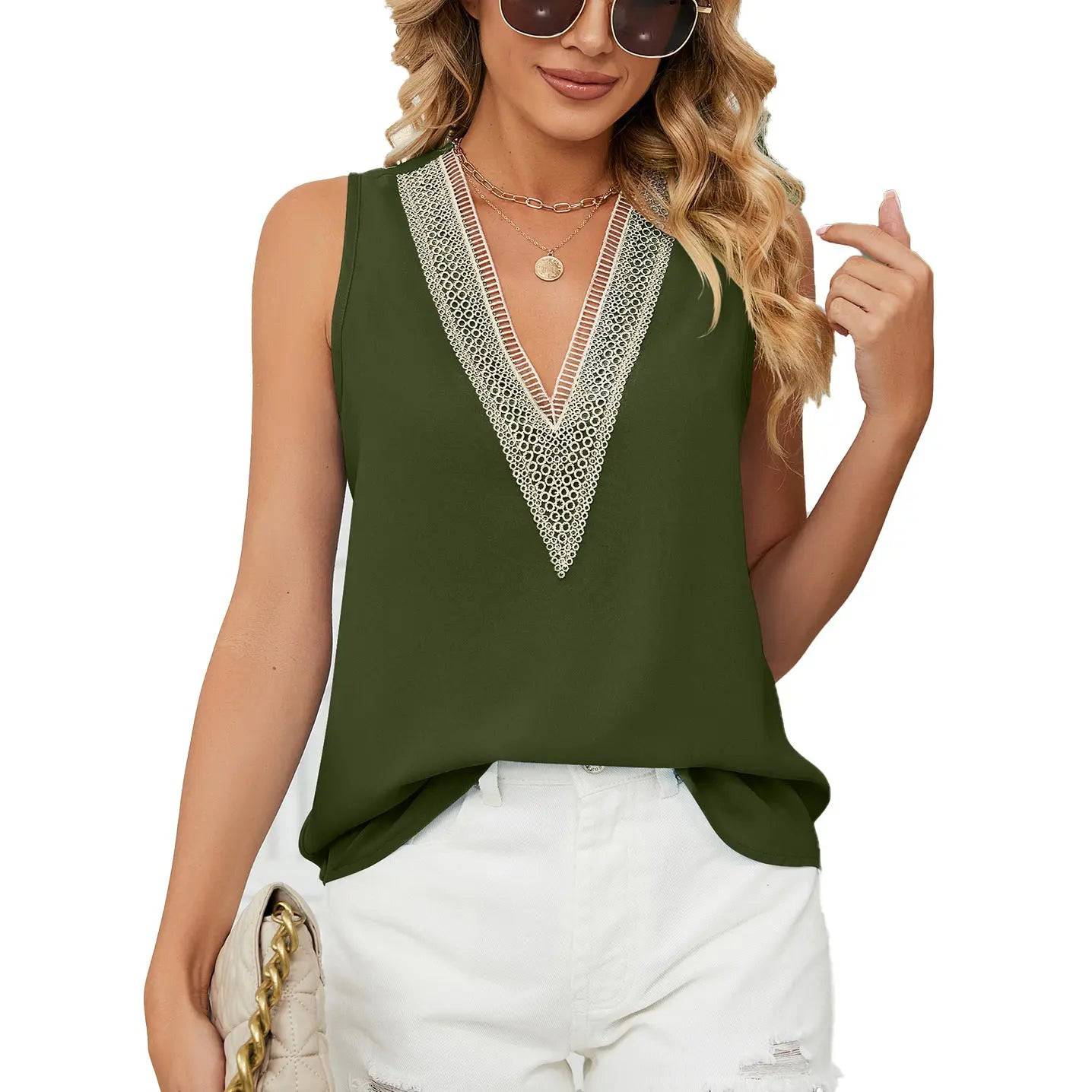 Sleeveless V-Neck Chiffon Tank Top with a Relaxed Fit  S Army Green 