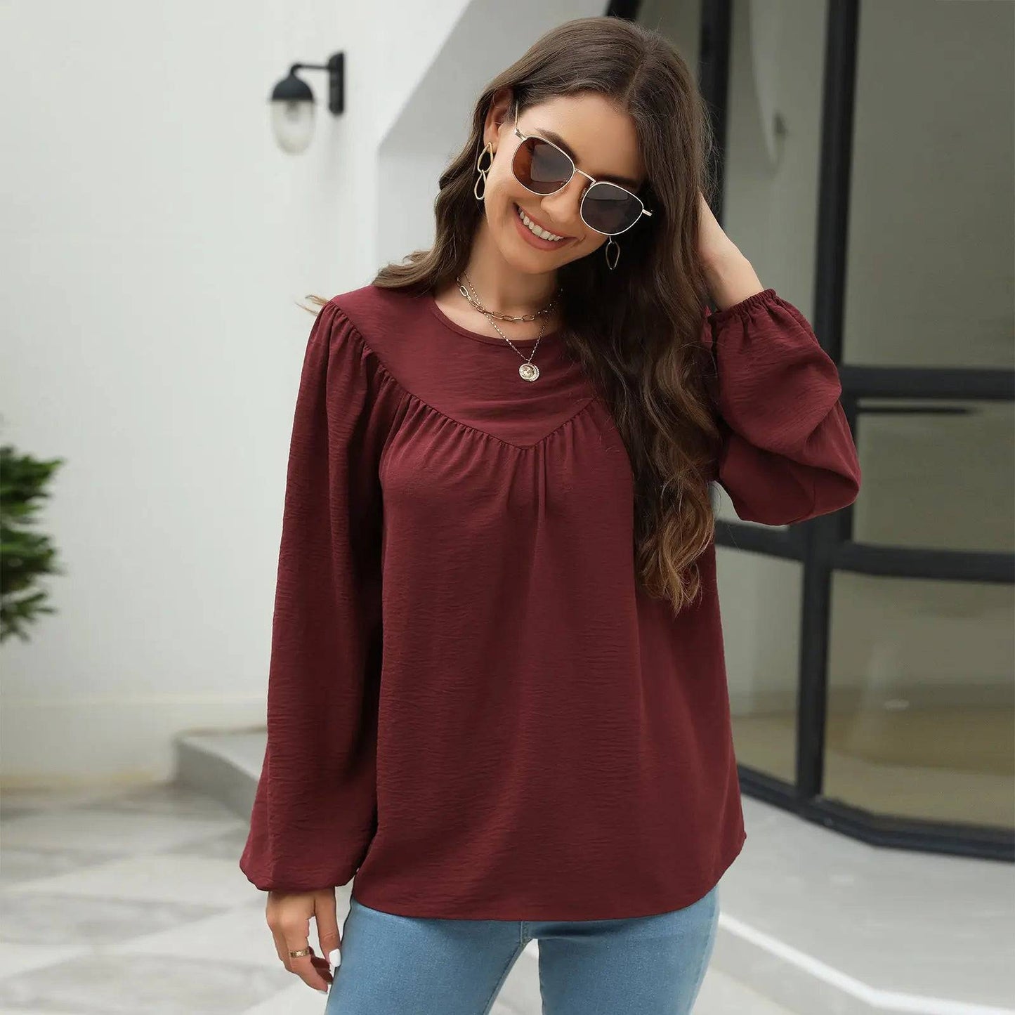 Sophisticated Fall Chiffon Lantern Sleeve Top  S Burgundy 