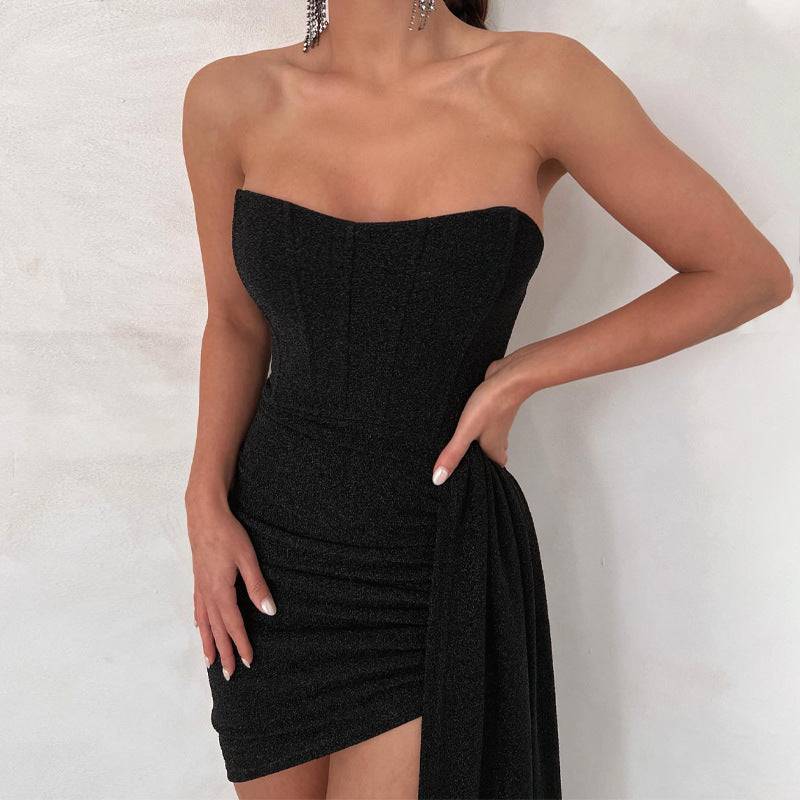 Seductive Strapless Sheath Dress with Asymmetrical Design for Stylish Spring/Autumn Wear  S Black 