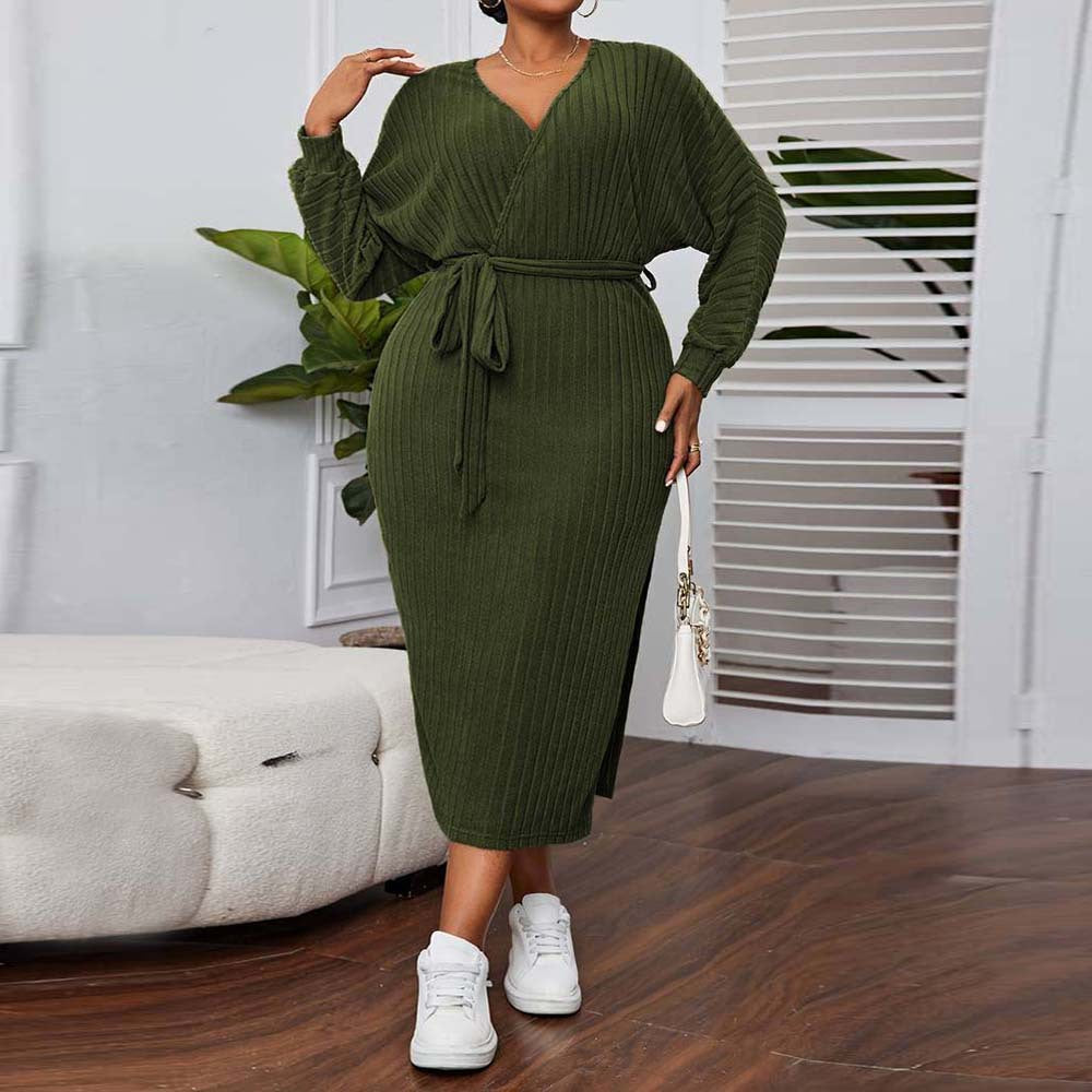 Plus Size Women Clothes V neck Lantern Sleeve Dress Autumn Winter Elegant A line Midi Dress - Wild Amber Fashion