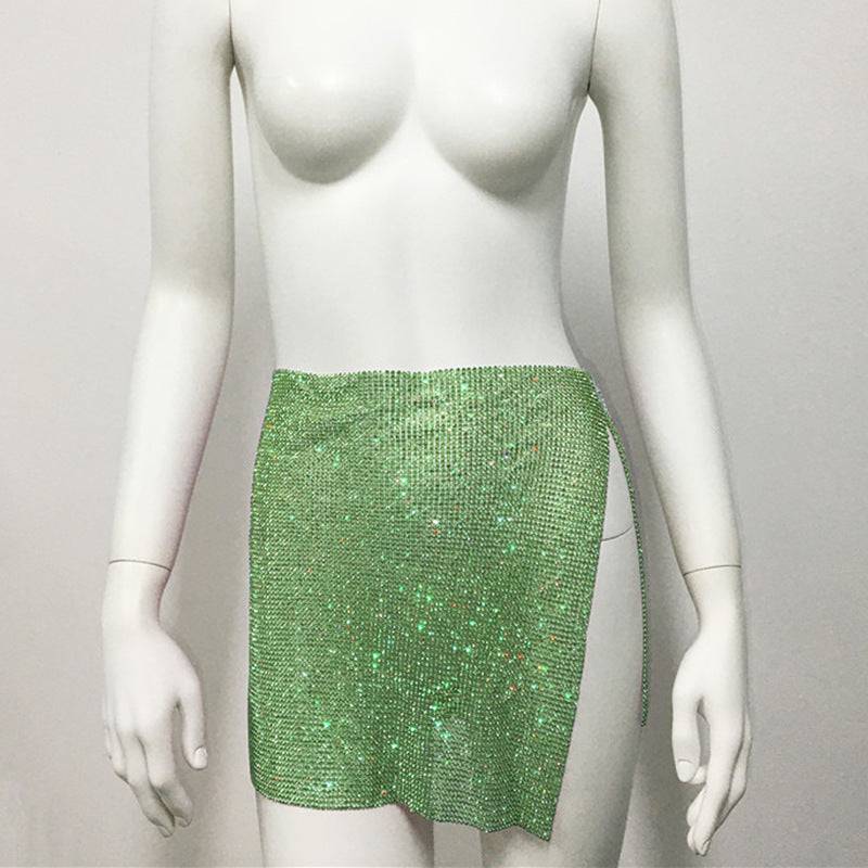 Rhinestone Embellished Hipster Slit Skirt  S Green 