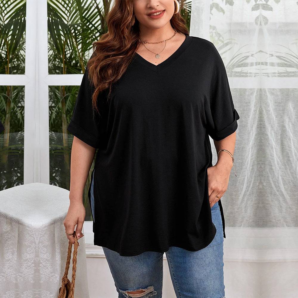 Flattering V-Neck Plus Size Women's Short Sleeve T-Shirt Top  1XL Black 