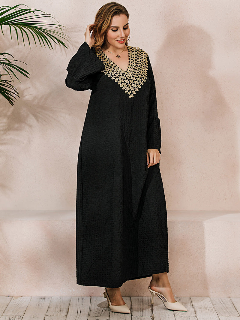 Plus Size Middle East Muslim Autumn Winter Long Sleeve Flared Sleeves Robe Dress V neck Embroidery - Wild Amber Fashion