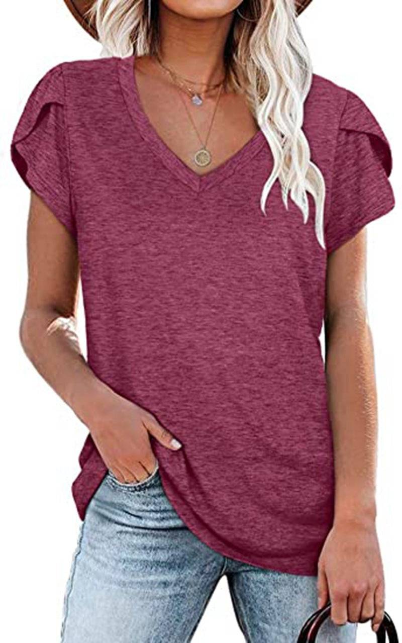 Women's Summer V-Neck Cotton T-Shirt  S Purple 