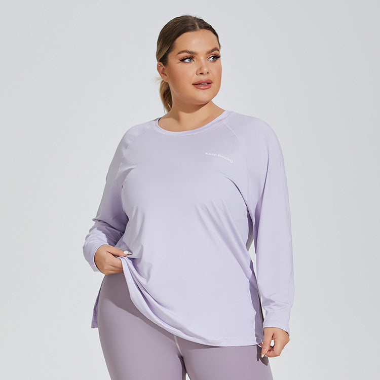 Loose Fit Plus Size Graphic Yoga T-shirt with Slit Hemline  1XL Lilac Purple 